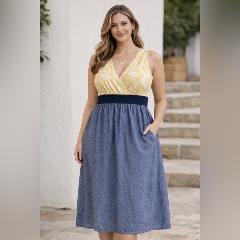 Plus Size 20W Yellow Floral Midi Dress Blue Skirt Empire Waist Sleeveless